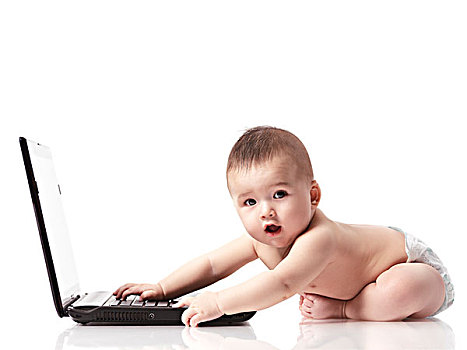 男婴,尿布,玩,笔记本电脑