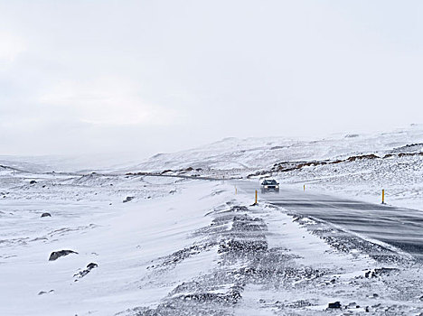 山景,北方,冰岛,冬天,道路,状况,遮盖,冰,暴风雪,欧洲,北欧,二月,大幅,尺寸