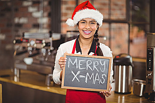 漂亮,女店员,黑板,高兴,圣诞,头像,咖啡馆