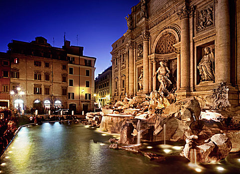 夜景,喷泉,罗马,拉齐奥,意大利,欧洲