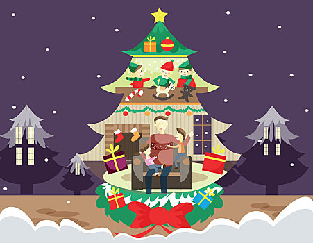 插画,家庭,庆贺,圣诞节,树上,形状,房子
