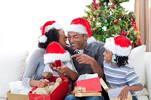 高兴,美国黑人,家庭,乐趣,圣诞礼物