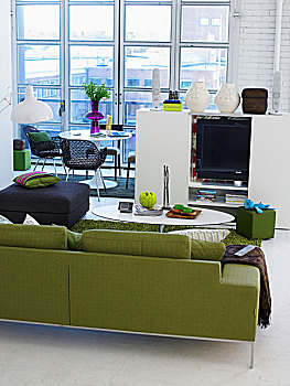 绿色,沙发,黑色,软垫,凳子,白色,娱乐中心,正面,内庭,门