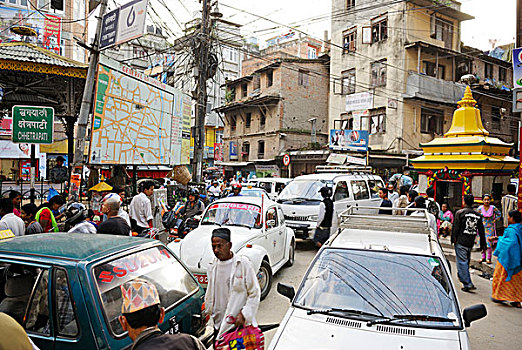 街景,密集,交通,行人,汽车,连通,地区,加德满都,尼泊尔,亚洲