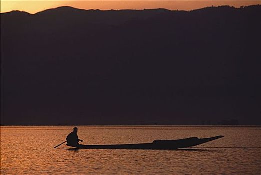 缅甸,茵莱湖,剪影,捕鱼者,独木舟,日出