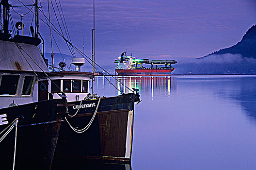 渔船,湾,日出,温哥华岛,不列颠哥伦比亚省,加拿大