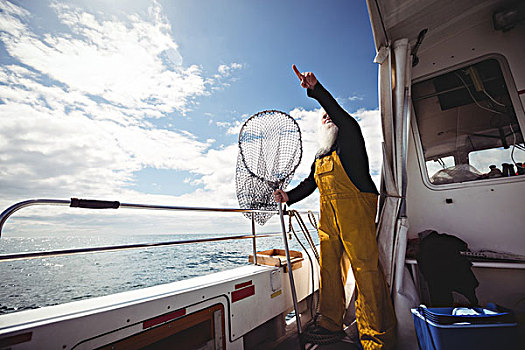 渔民,指点,远景,拿着,渔网,船