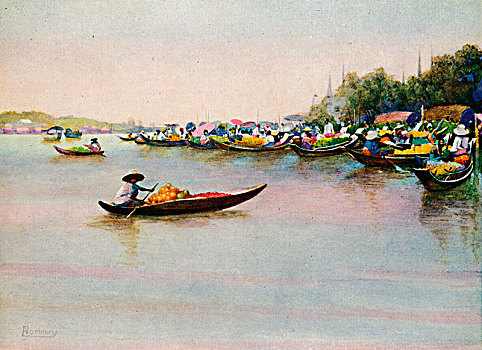 河,市场,曼谷,艺术家