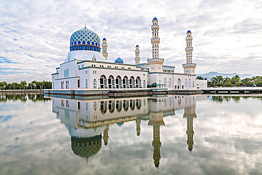 外景,清真寺,刷白,建筑,蓝色,圆顶,反射,水塘