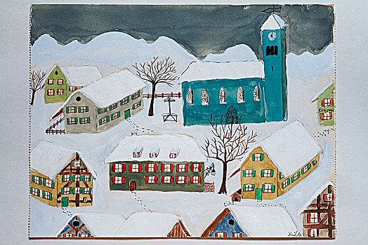 积雪,乡村,教堂,冬天,绘画,11岁,德国,欧洲