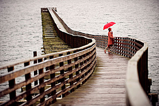 女人,伞,木质,码头