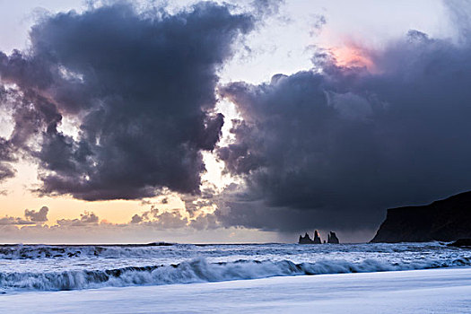 海浪,日落,靠近,南方,区域,冰岛,欧洲