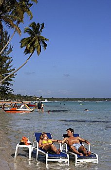 哥斯达黎加,海滩,伴侣,太阳椅
