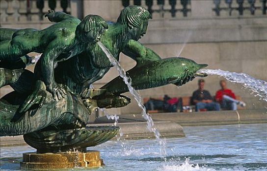 英格兰,伦敦,喷泉,中间,特拉法尔加广场,两个,花冈岩,广场,特征,美人鱼,海豚,青铜