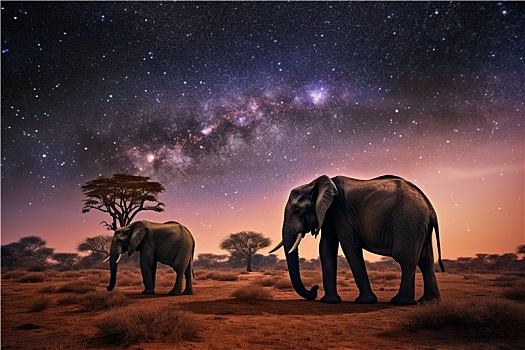 非洲中部非洲象夜空唯美星空下的大草原