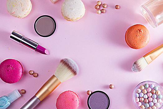 化妆,商品,蛋白杏仁饼干,卧,场景,粉色背景