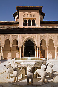 摩尔风格,建筑,喷水池,狮子院,阿尔罕布拉宫,地面,格拉纳达,西班牙