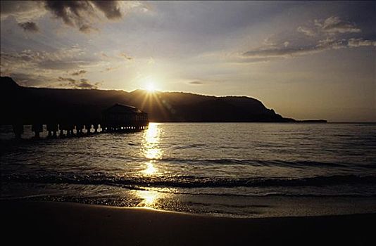 夏威夷,考艾岛,湾,日落,上方,码头