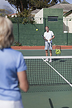 老年,夫妻,玩,网球,球场
