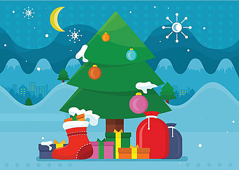 寒假,矢量,概念,设计,圣诞树,装饰,彩色,玩具,遮盖,雪,礼盒,前景,圣诞节,新年,庆贺,贺卡