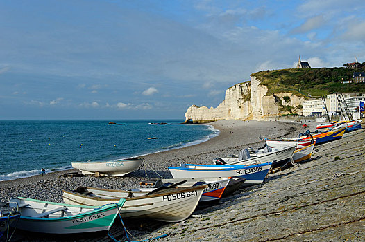 渔船,海滩,白色,悬崖,埃特塔尔,上诺曼底,法国,欧洲