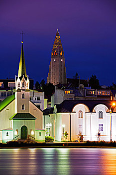 冰岛,雷克雅未克,水岸,教堂,湖