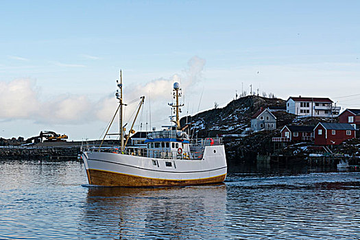 渔船,离开,港口,罗浮敦群岛,挪威