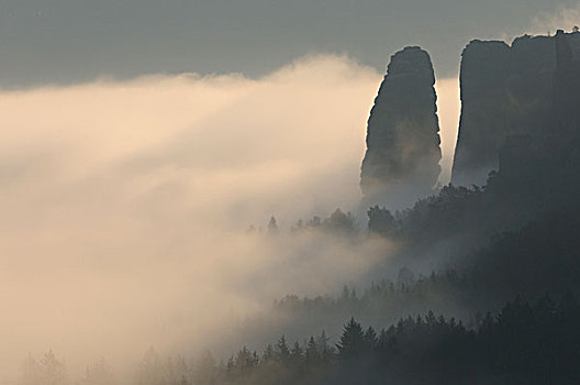石头,雾,砂岩,山峦,萨克森,德国,欧洲
