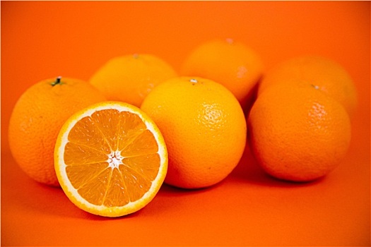 多汁,橘子,正面,橙色背景