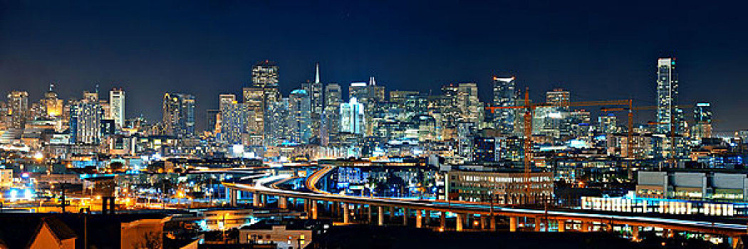 旧金山,城市天际线,城市,建筑,夜晚,公路,桥,全景