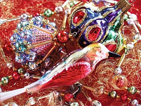 圣诞树装饰,鸟,特写,红色,庸俗,珍珠,挂起,装饰,节日,庆贺,象征