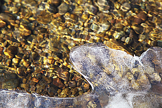 河流上的薄冰和河水下的鹅卵石