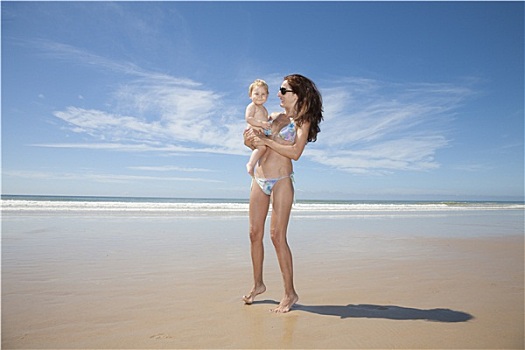 比基尼,妈妈,婴儿,海滩