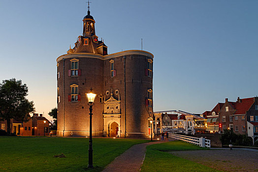 防御,塔,港口,黃昏,北荷兰省,荷兰