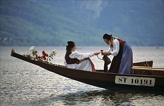 女孩,木船,传统,水仙花,节日,湖,施蒂里亚,奥地利