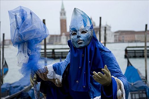 蓝色,服饰,面具,斗篷,正面,吊舱,威尼斯,狂欢,意大利