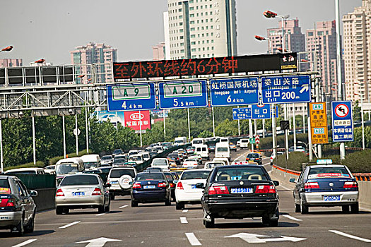 亚洲,中国,上海,出租车,窗户,驾驶,早晨,高峰时段,高速公路,夏天