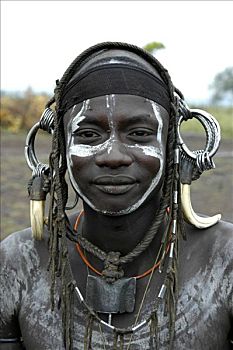 莫西部落,重,头饰,牙齿,男性,靠近,金卡,埃塞俄比亚,非洲