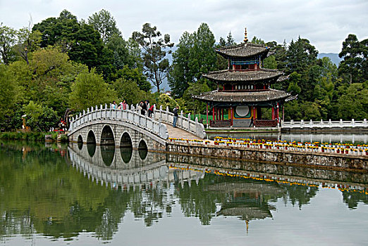 桥,塔,反射,黑色,龙,水池,丽江,世界遗产,云南,共和国,亚洲