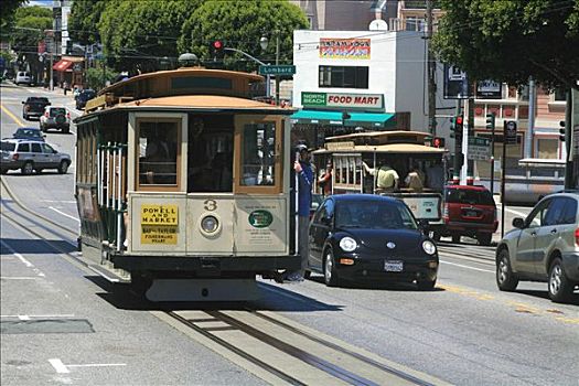 两个,有轨电车,穿过,市区,旧金山,加利福尼亚,美国