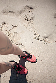 女孩,腿,踩踏,海滩,粉色,跑鞋