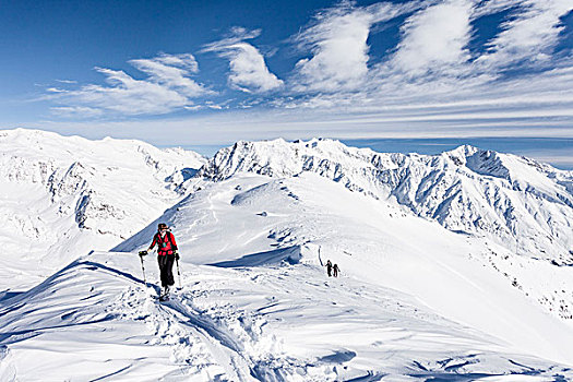 滑雪,远足,顶峰,山脊,后面,南蒂罗尔,意大利,欧洲