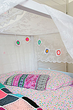 彩色,编织,花环,淡色调,床上用品,漂亮,床,白色,篷子,闺房
