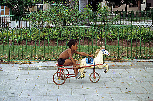 小男孩,三轮车,马车,哈瓦那,古巴,北美