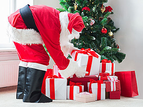 休假,庆贺,人,概念,男人,服饰,圣诞老人,放,礼物,圣诞树