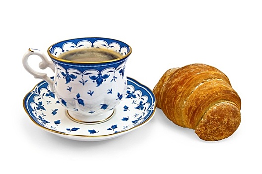 咖啡,杯子,蓝色,图案,牛角面包