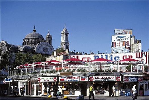 咖啡馆,商店,清真寺,伊斯坦布尔,土耳其,欧洲