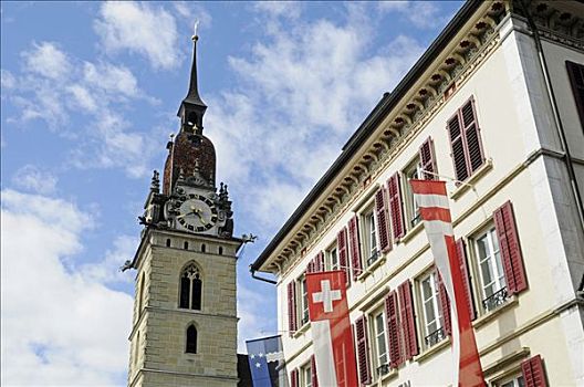 尖顶,城镇,教堂,建筑,旗帜,阿尔皋,瑞士,欧洲