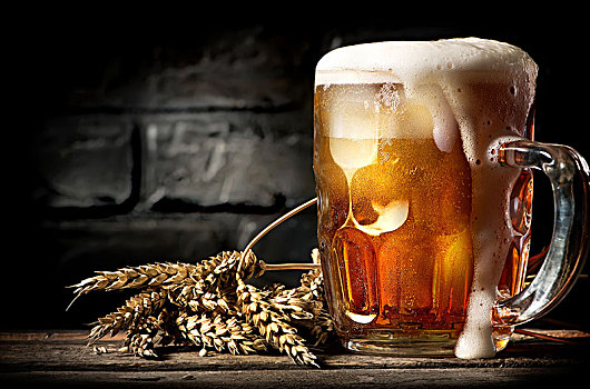 亮光,啤酒,小麦,靠近,砖墙