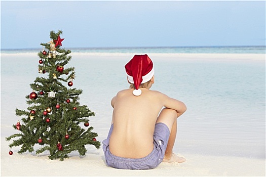 男孩,坐,海滩,圣诞树,帽子